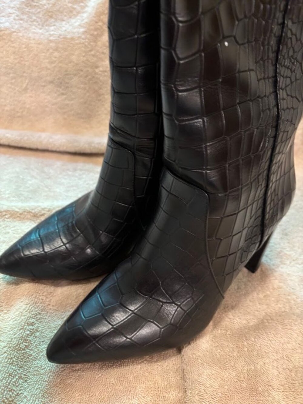 NWOT Black Croc-Embossed Leather Knee High Boots - Size 7.5 - Picture 15 of 16